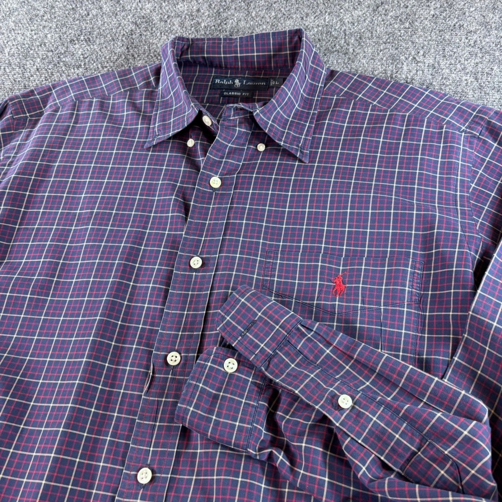Ralph Lauren Button Down Shirt Mens Large Navy Red Plaid Classic Fit Long Sleeve
